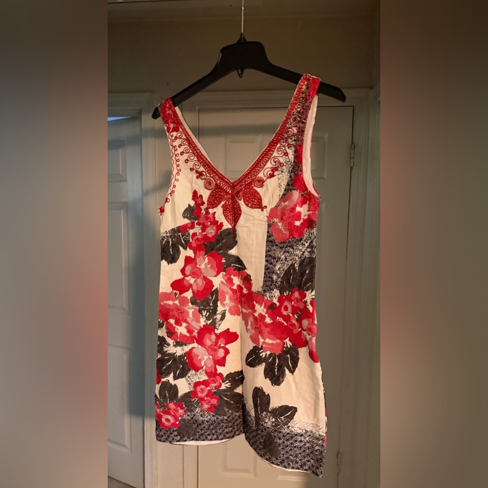 Free People creme red floral embroidered v-neck cotton dress.